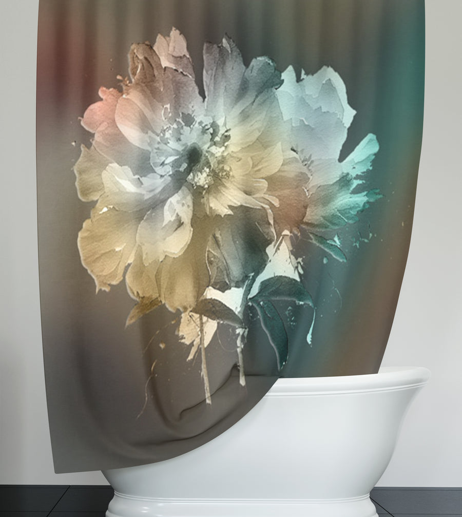 Soft White, Teal and Yellow Floral Bloom Artwork Shower Curtain