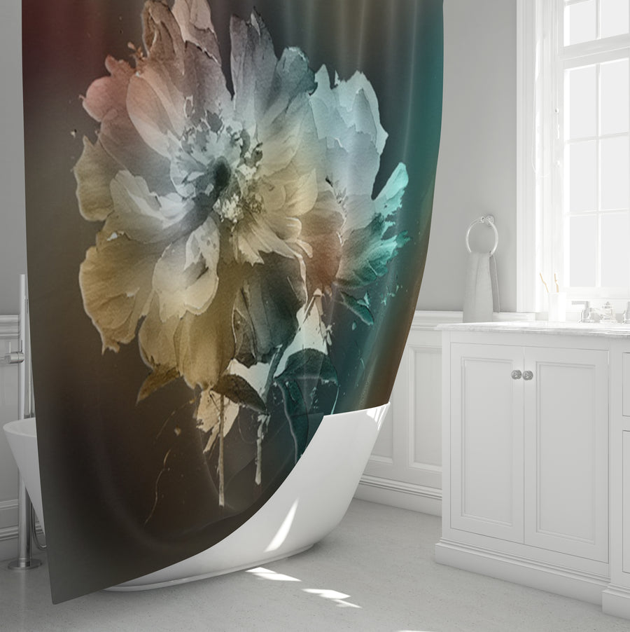 Soft White, Teal and Yellow Floral Bloom Artwork Shower Curtain