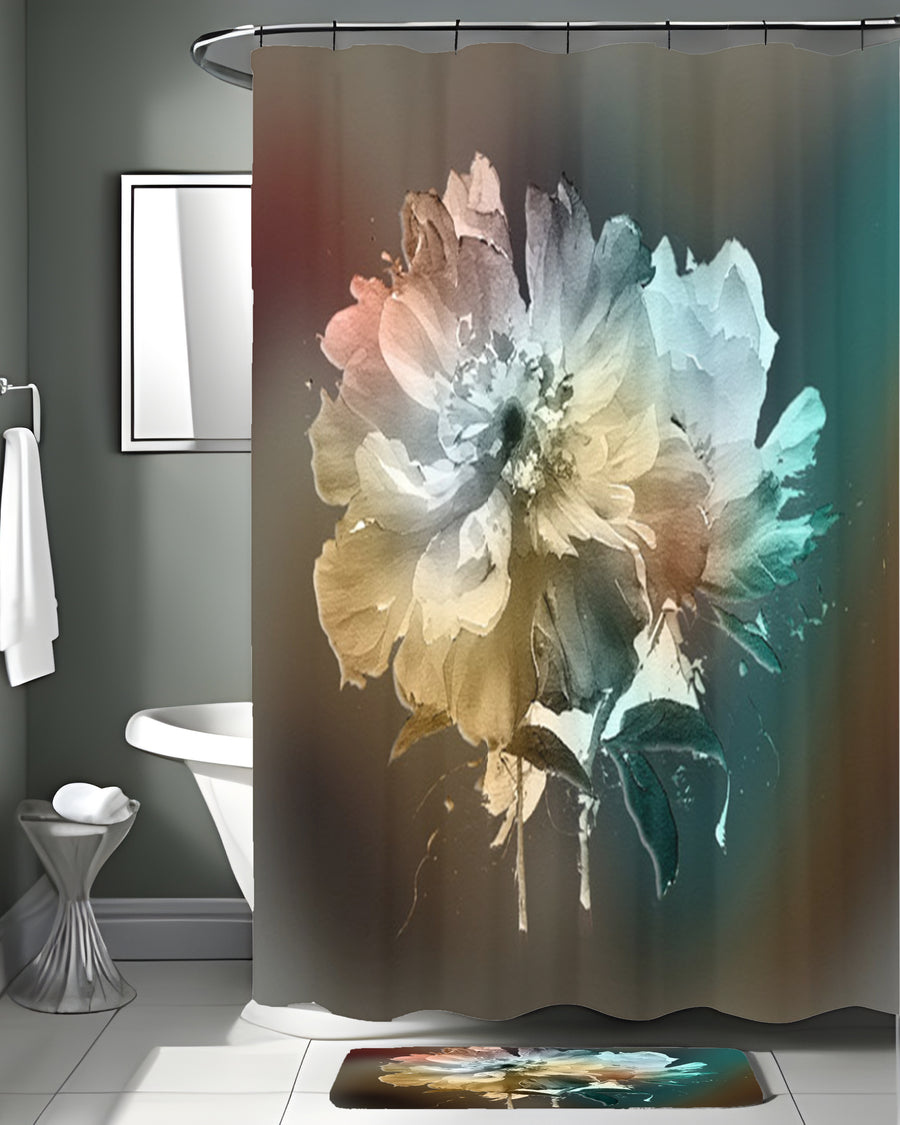 Soft White, Teal and Yellow Floral Bloom Artwork Shower Curtain
