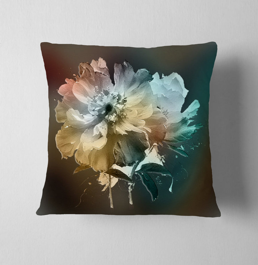 Soft White, Teal and Yellow Floral Bloom Artwork Throw Pillow Cover