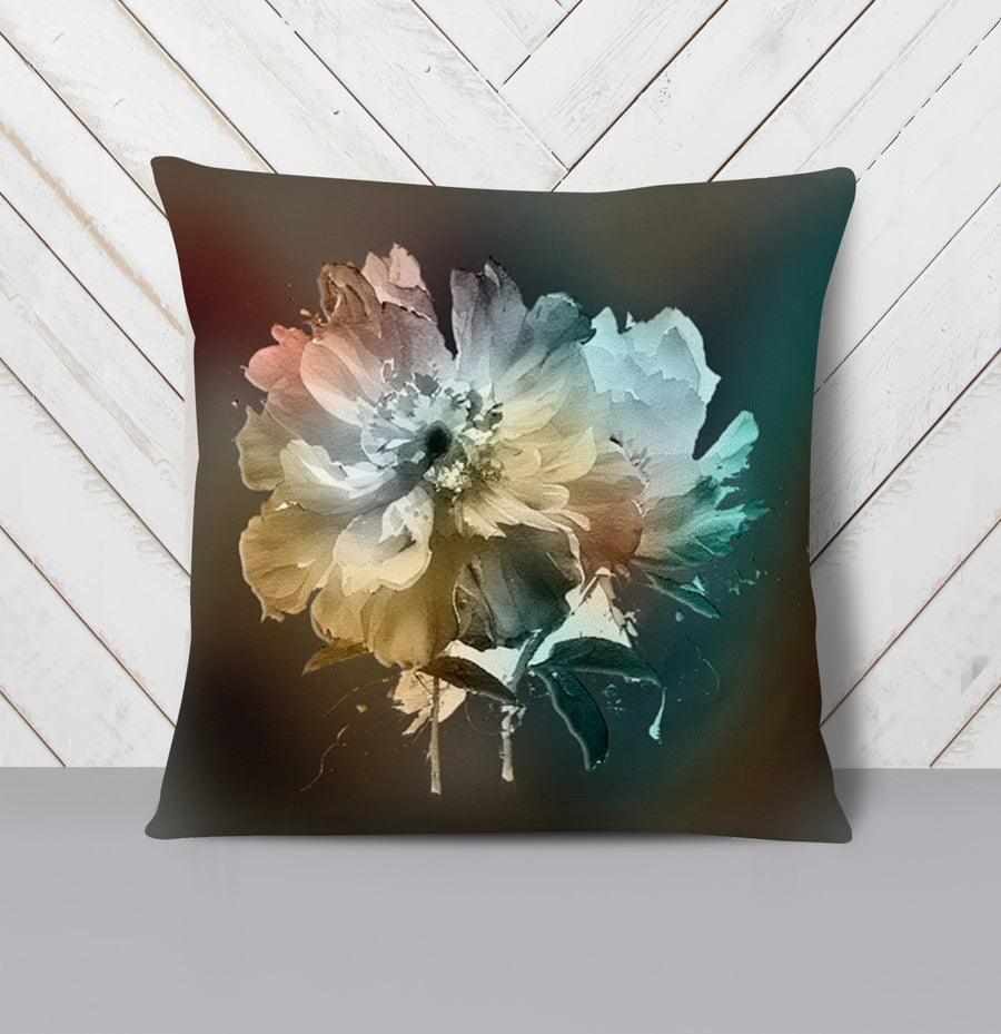 Soft White, Teal and Yellow Floral Bloom Artwork Throw Pillow Cover