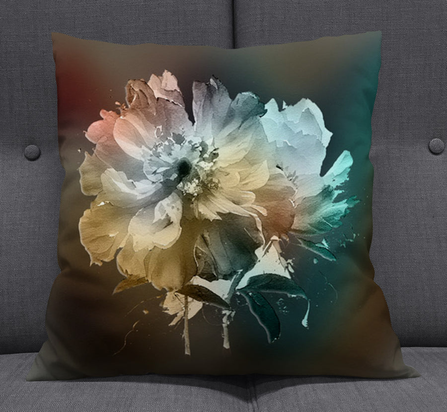 Soft White, Teal and Yellow Floral Bloom Artwork Throw Pillow Cover