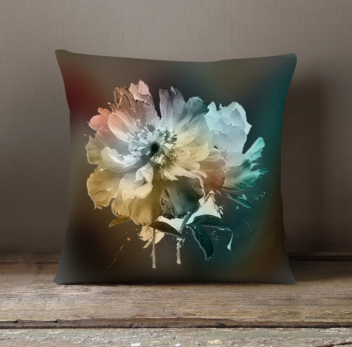 Soft White, Teal and Yellow Floral Bloom Artwork Throw Pillow Cover