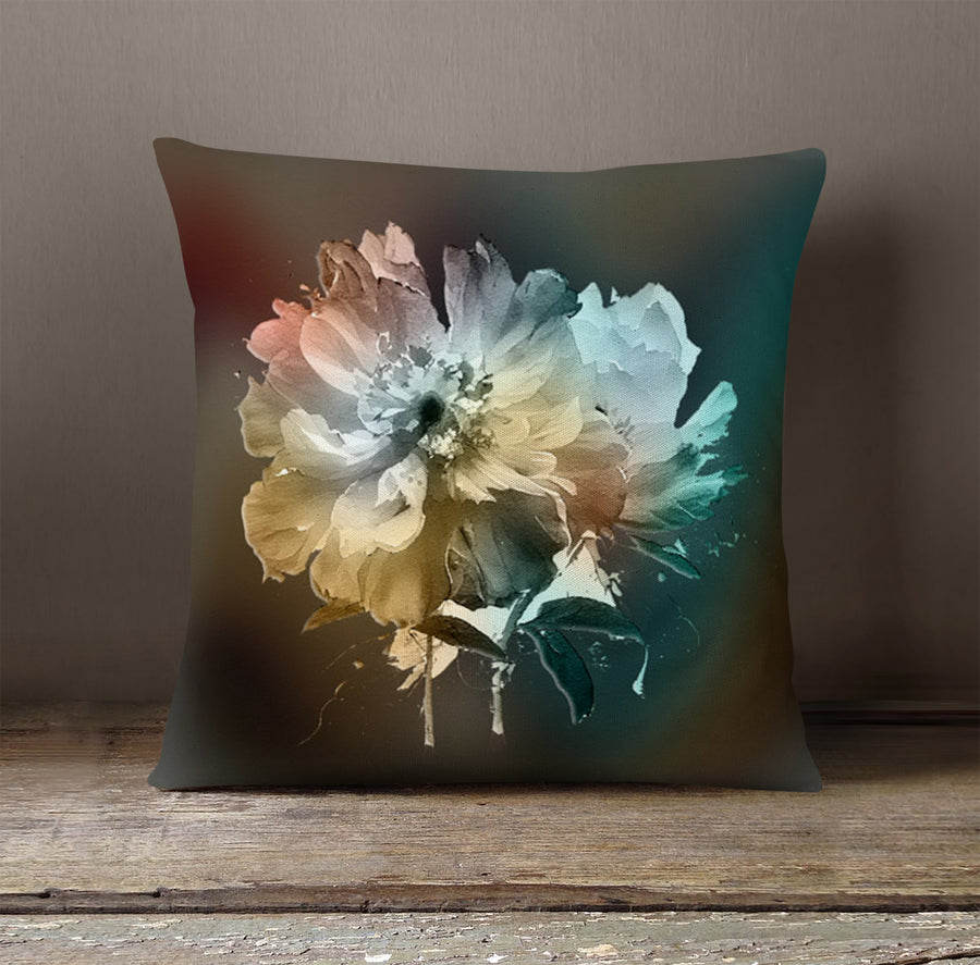 Soft White, Teal and Yellow Floral Bloom Artwork Throw Pillow Cover