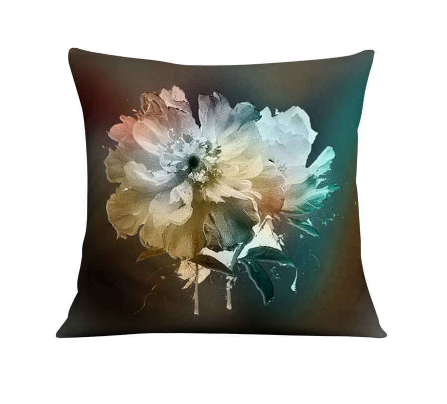 Soft White, Teal and Yellow Floral Bloom Artwork Throw Pillow Cover