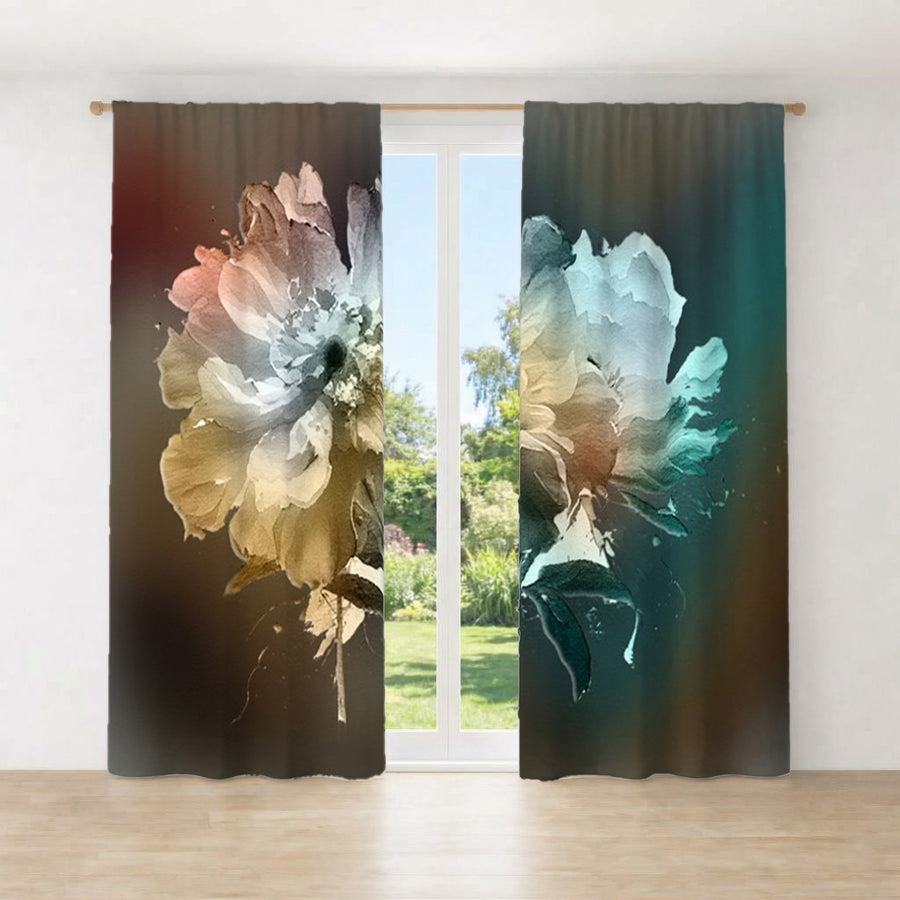 Soft White, Teal and Yellow Floral Bloom Artwork Window Curtain