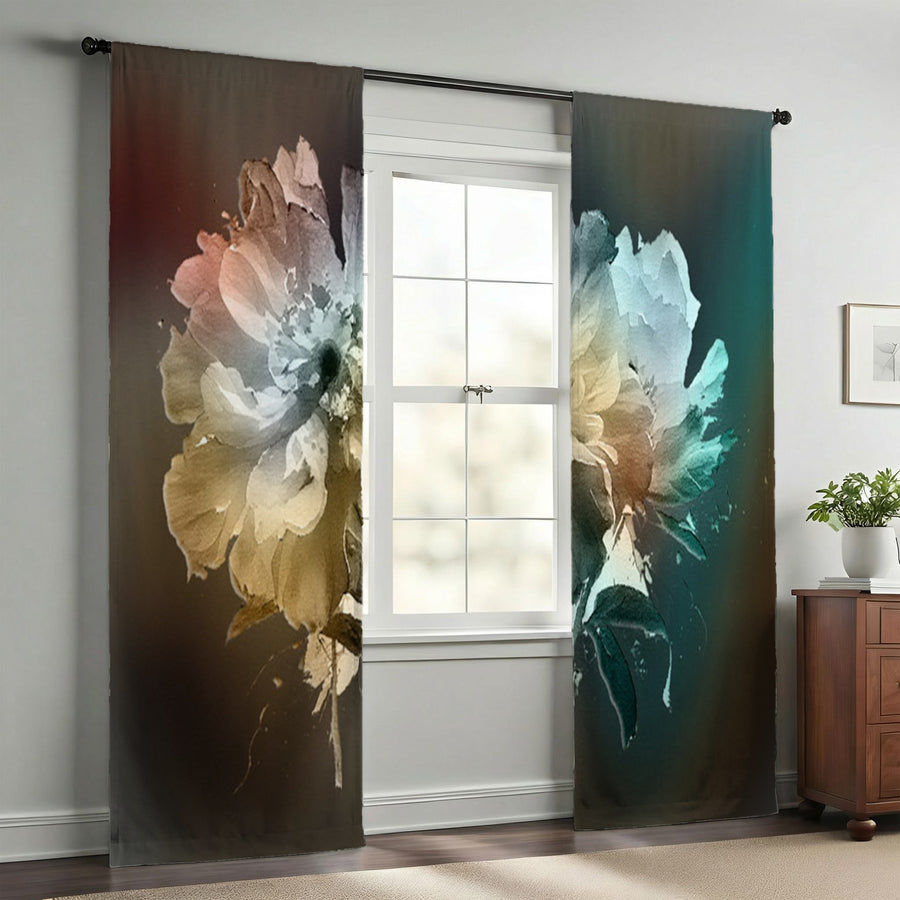 Soft White, Teal and Yellow Floral Bloom Artwork Window Curtain