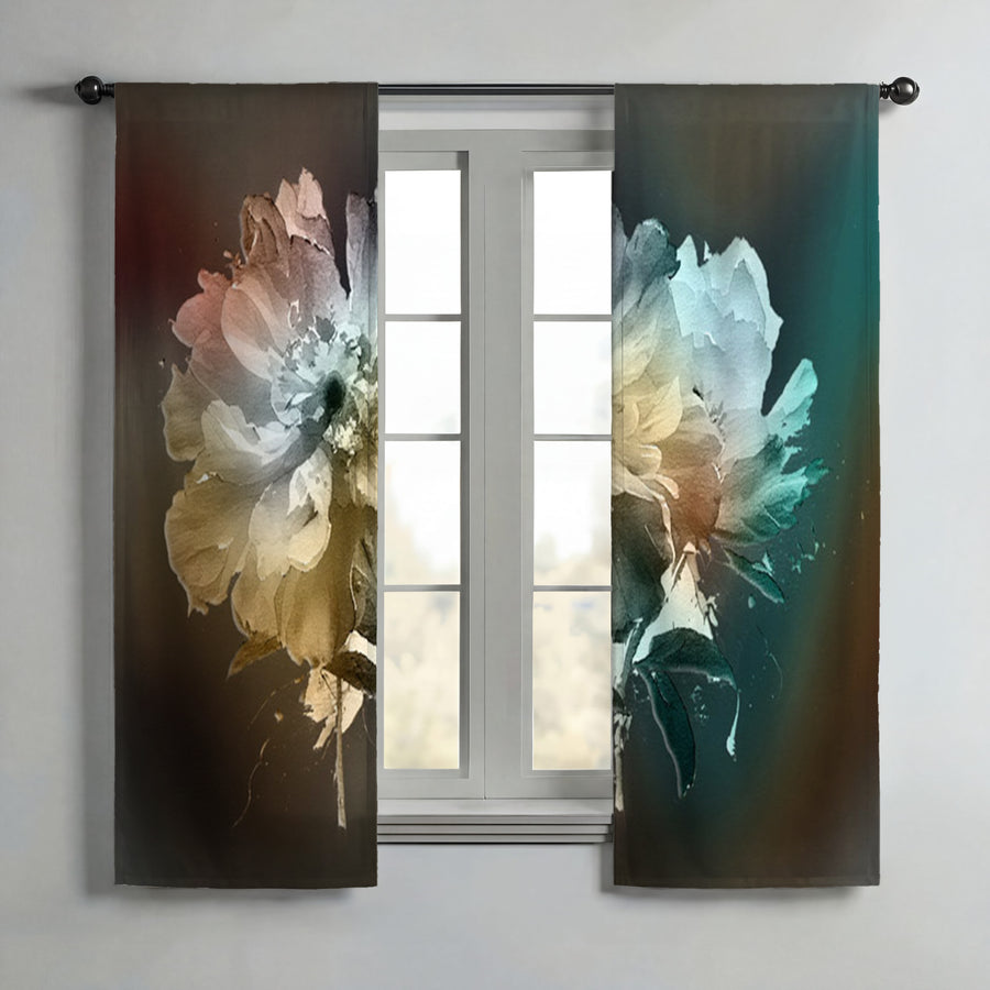 Soft White, Teal and Yellow Floral Bloom Artwork Window Curtain