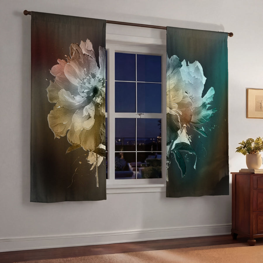 Soft White, Teal and Yellow Floral Bloom Artwork Window Curtain