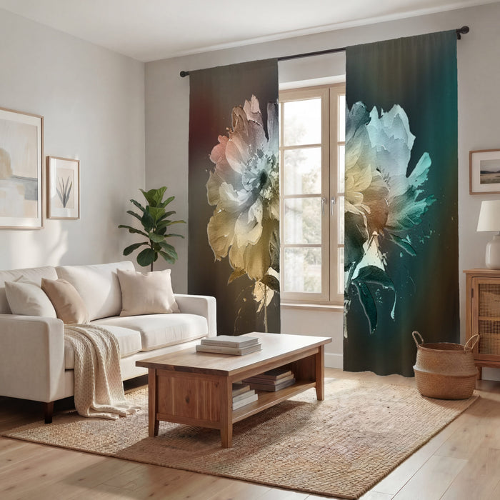 Soft White, Teal and Yellow Floral Bloom Artwork Window Curtain