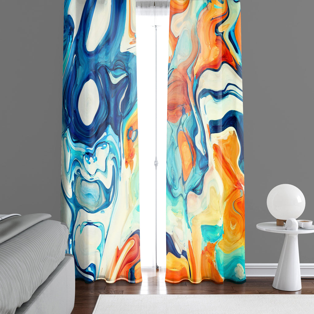 Blue and Orange Abstract Acrylic Pour Print Window Curtains - Deja Blue Studios