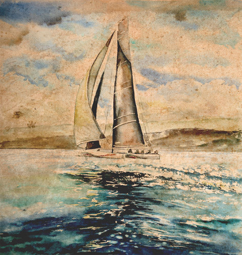 Beige Coastal Sailboat Painting Artwork