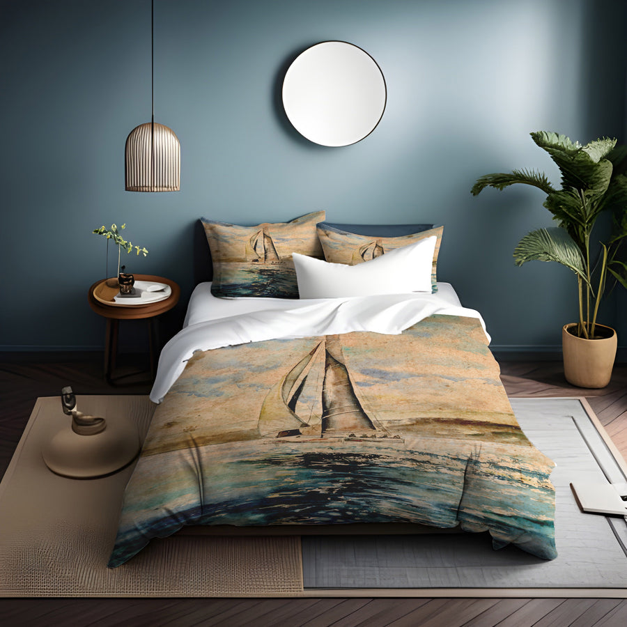 Beige Coastal Sailboat Painting Artwork Duvet Cover