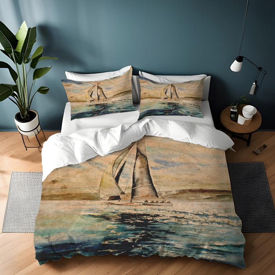 Beige Coastal Sailboat Painting Artwork Duvet Cover