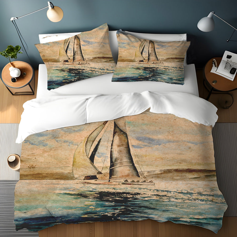Beige Coastal Sailboat Painting Artwork Duvet Cover