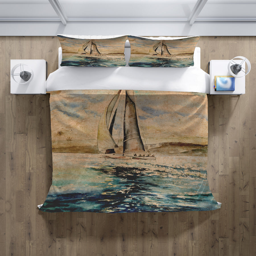 Beige Coastal Sailboat Painting Artwork Duvet Cover