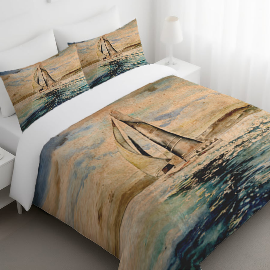 Beige Coastal Sailboat Painting Artwork Duvet Cover