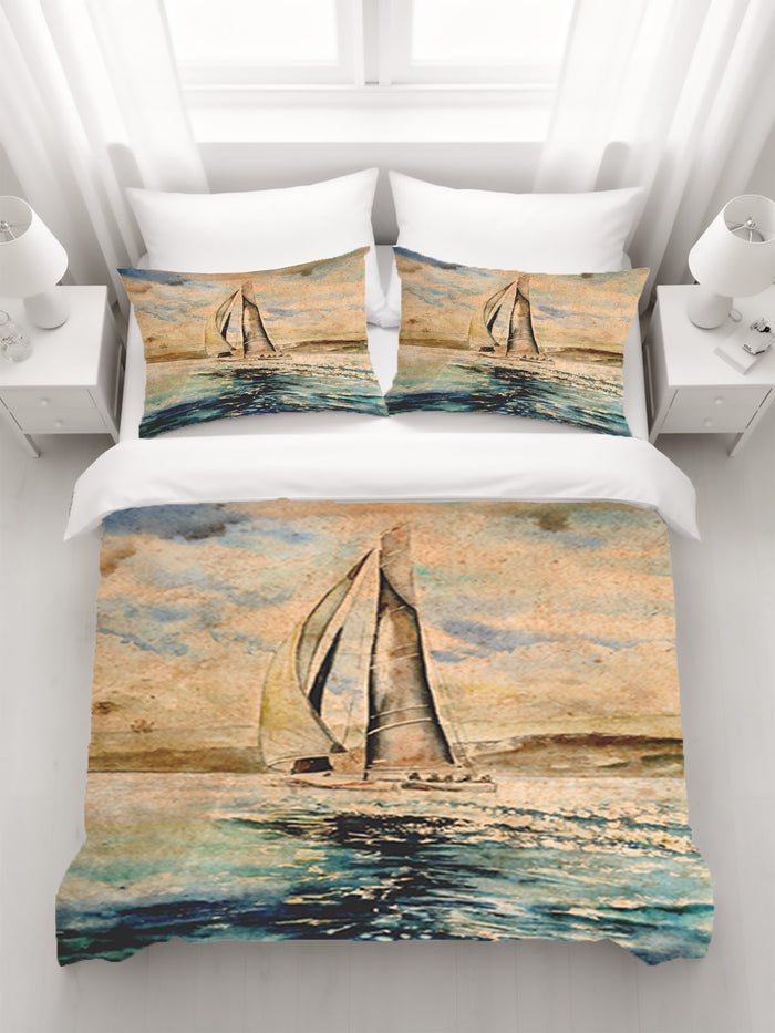 Beige Coastal Sailboat Painting Artwork Duvet Cover