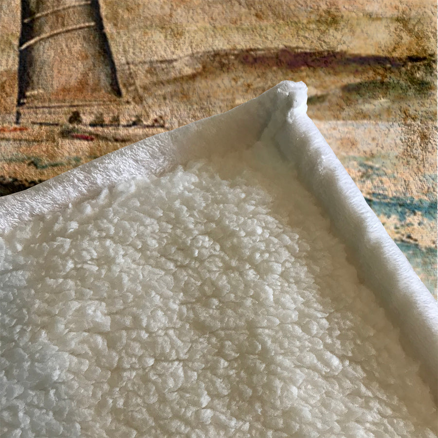 Beige Coastal Sailboat Painting Artwork Fleece Sherpa Blanket