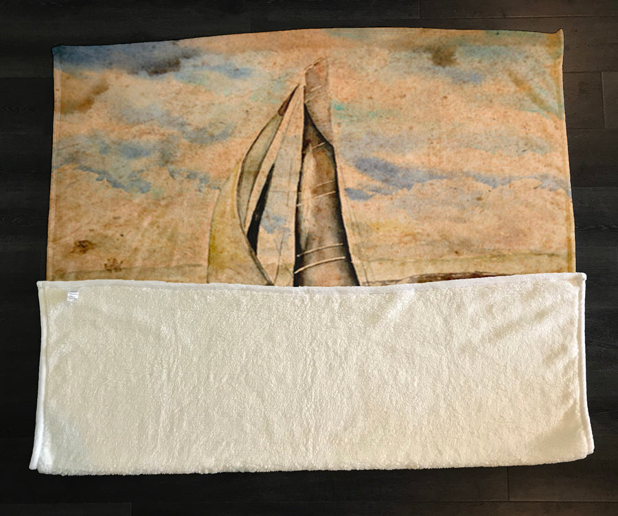 Beige Coastal Sailboat Painting Artwork Fleece Sherpa Blanket