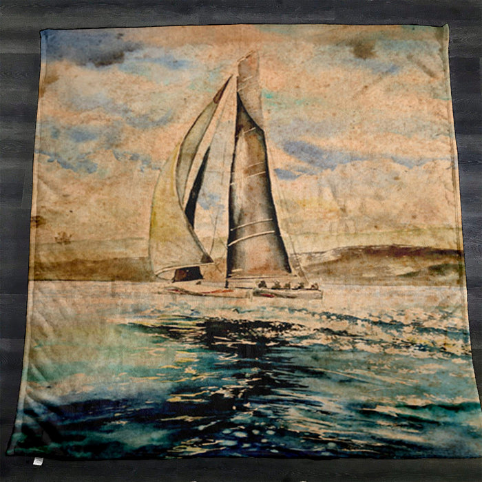 Beige Coastal Sailboat Painting Artwork Fleece Sherpa Blanket
