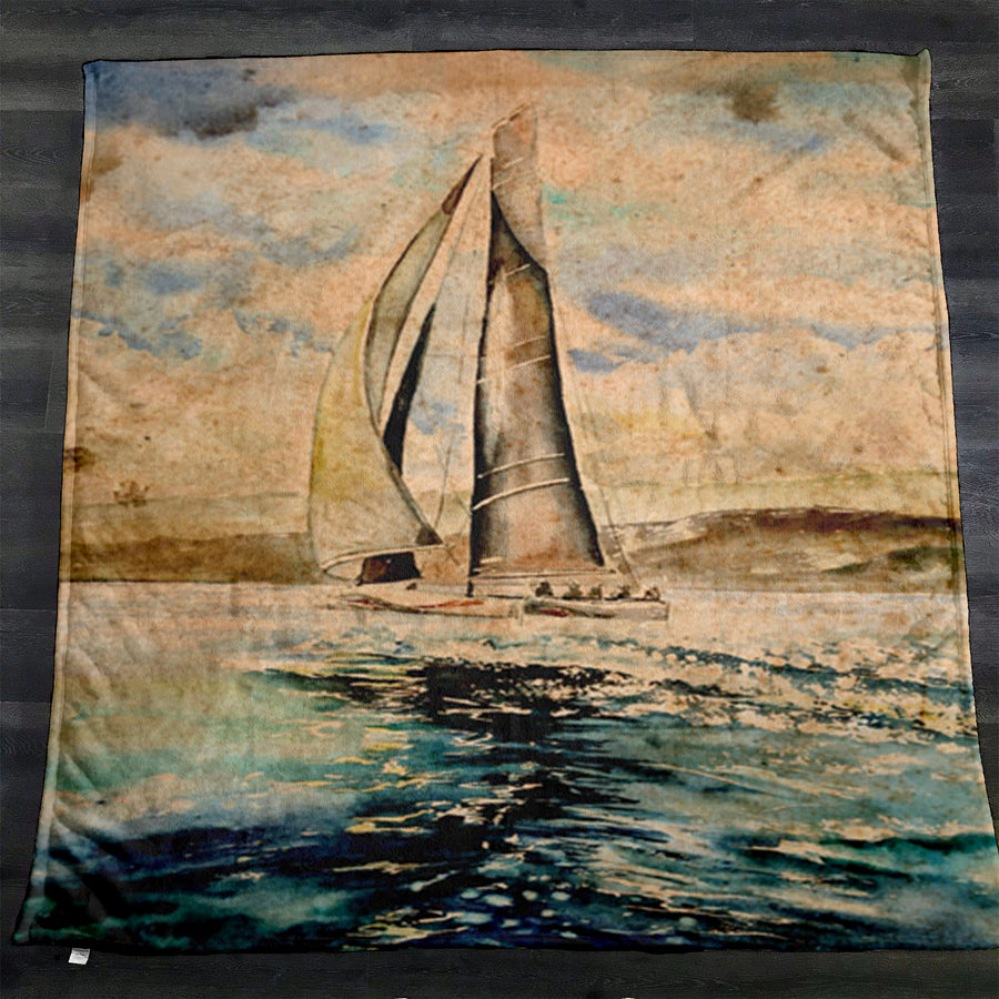 Beige Coastal Sailboat Painting Artwork Fleece Sherpa Blanket
