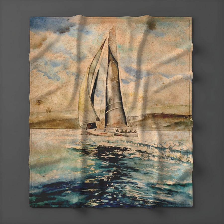 Beige Coastal Sailboat Painting Artwork Fleece Sherpa Blanket