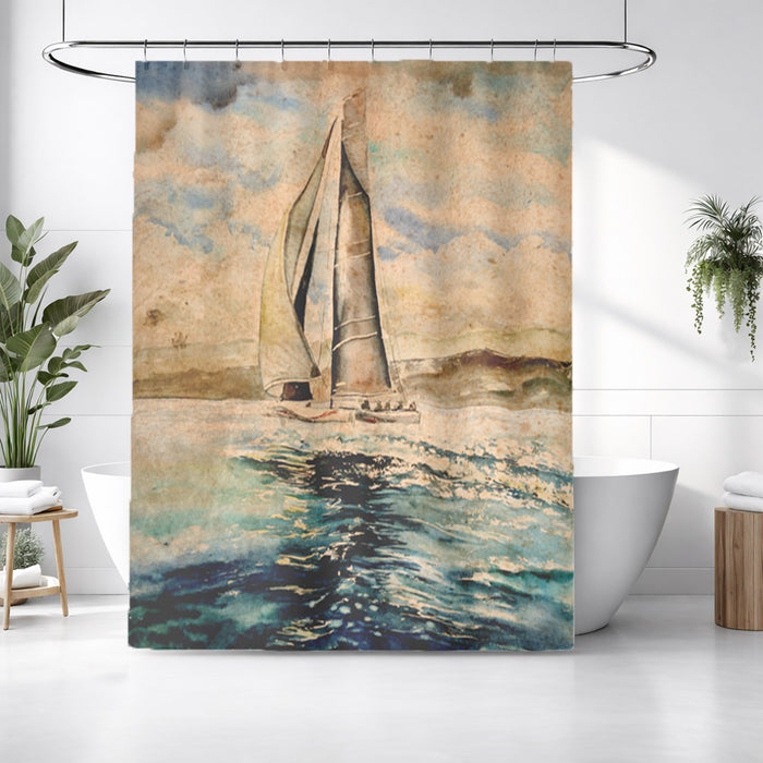 Beige Coastal Sailboat Painting Artwork Shower Curtain