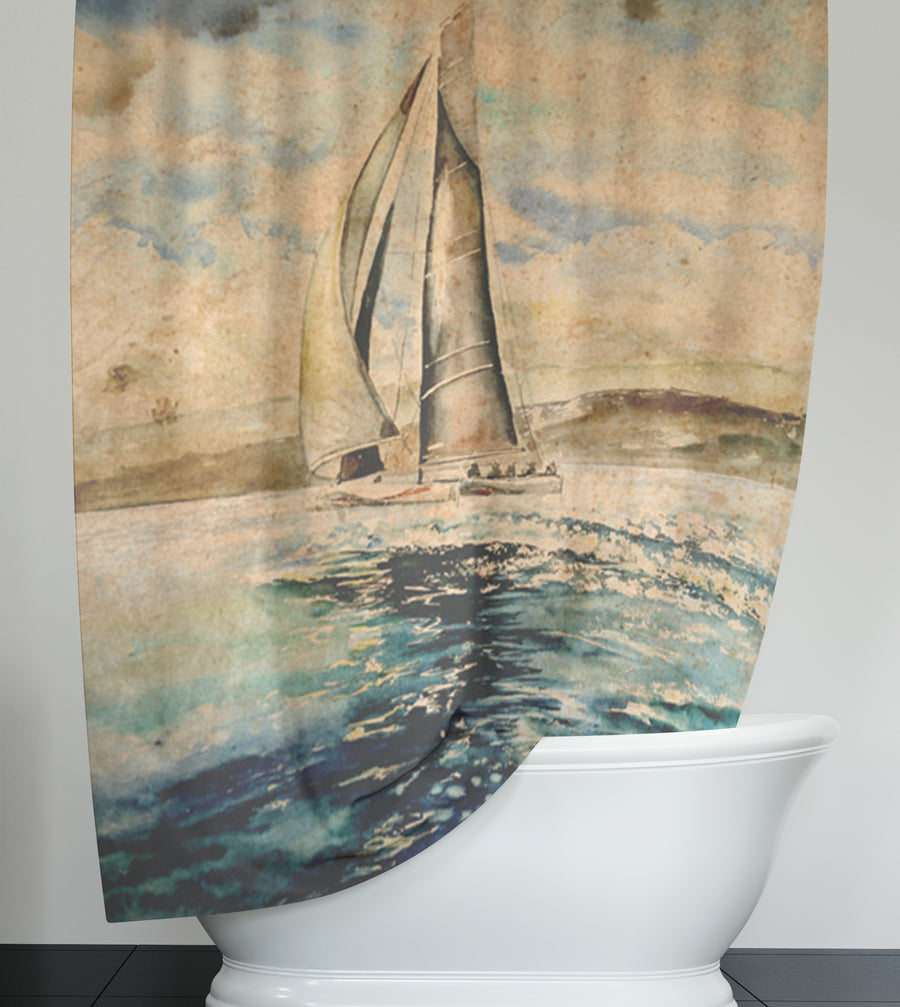 Beige Coastal Sailboat Painting Artwork Shower Curtain