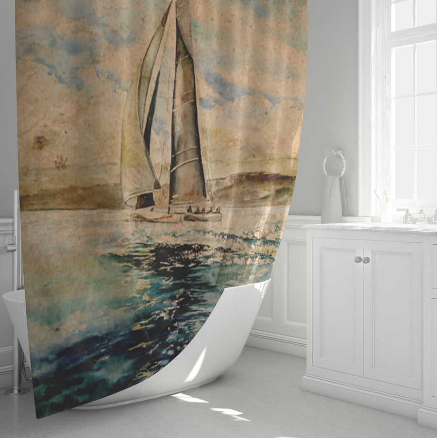 Beige Coastal Sailboat Painting Artwork Shower Curtain