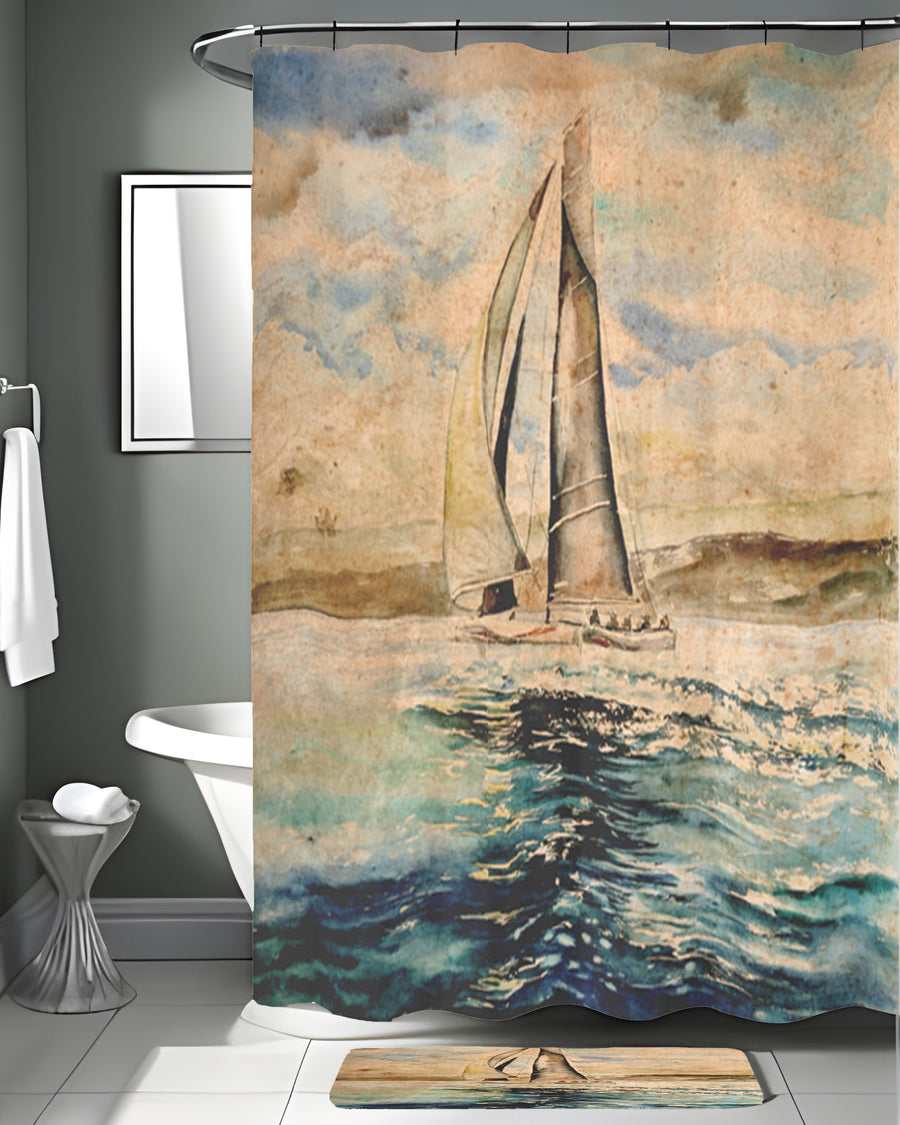 Beige Coastal Sailboat Painting Artwork Shower Curtain