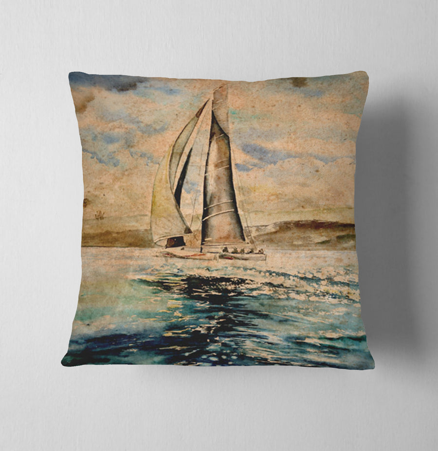 Beige Coastal Sailboat Painting Artwork Throw Pillow Cover