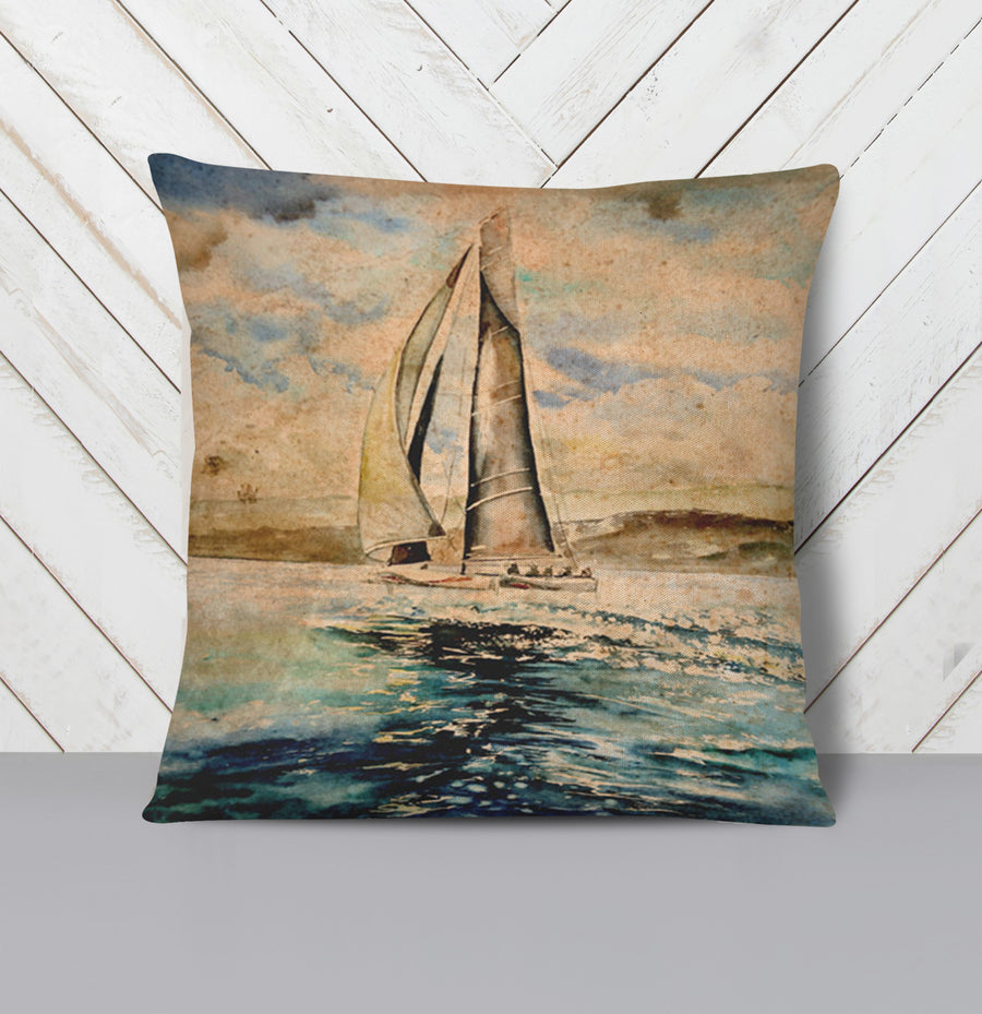 Beige Coastal Sailboat Painting Artwork Throw Pillow Cover