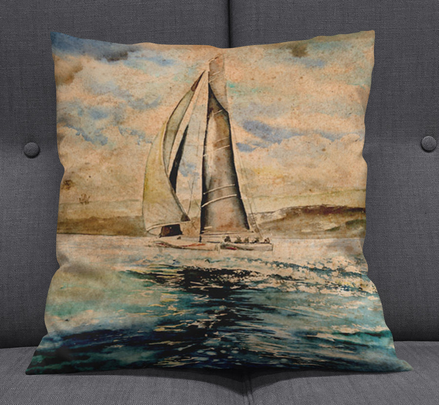 Beige Coastal Sailboat Painting Artwork Throw Pillow Cover