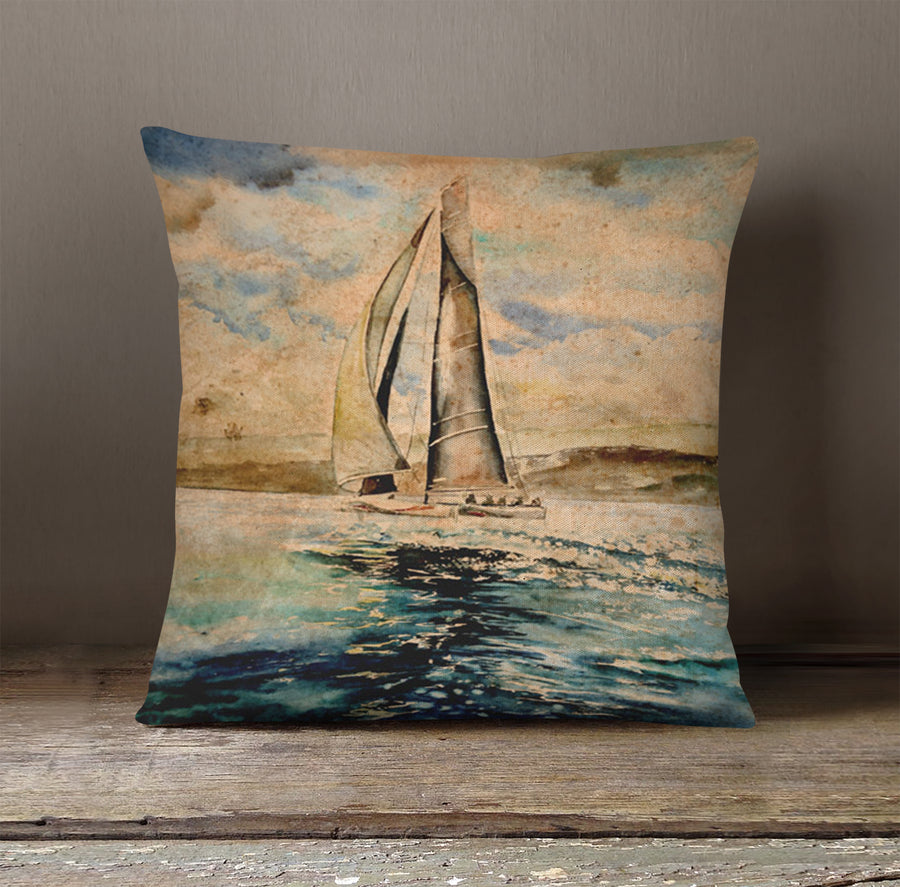 Beige Coastal Sailboat Painting Artwork Throw Pillow Cover