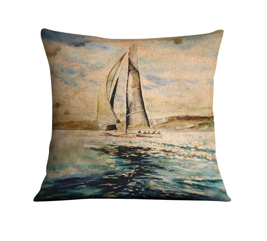 Beige Coastal Sailboat Painting Artwork Throw Pillow Cover