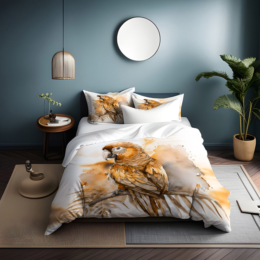 Brown Vintage Parrot Illustration Artwork Duvet Cover
