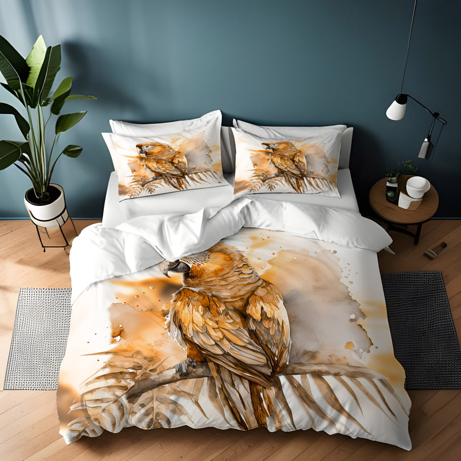 Brown Vintage Parrot Illustration Artwork Duvet Cover