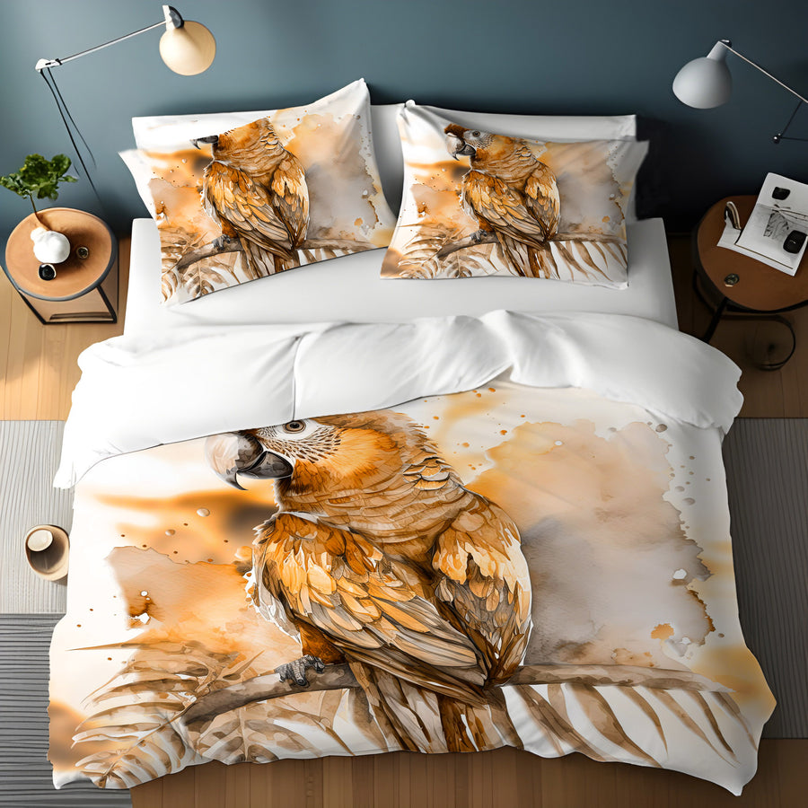 Brown Vintage Parrot Illustration Artwork Duvet Cover
