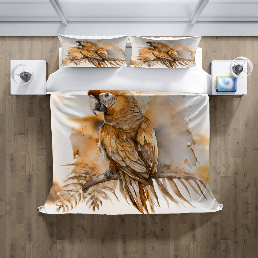 Brown Vintage Parrot Illustration Artwork Duvet Cover