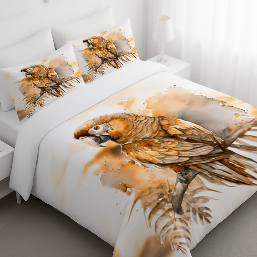 Brown Vintage Parrot Illustration Artwork Duvet Cover