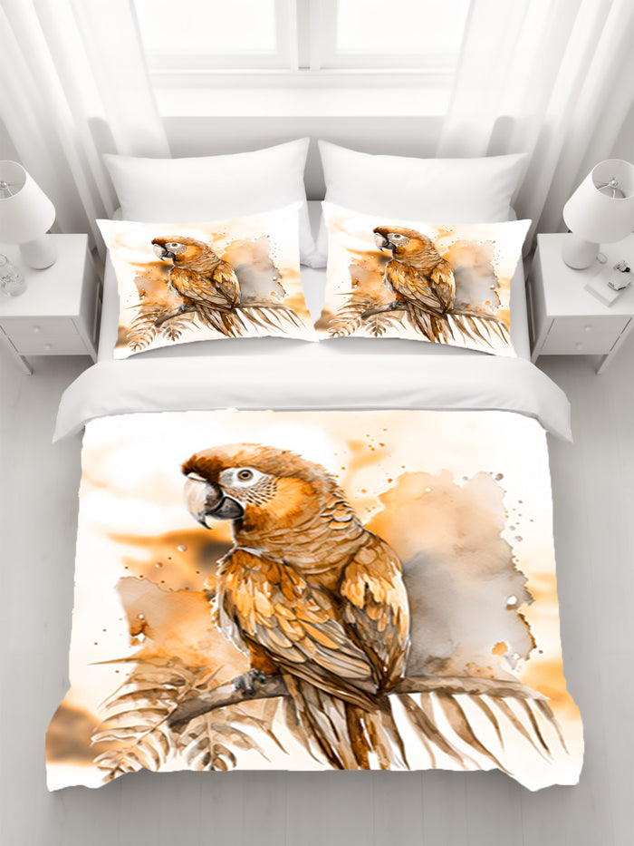 Brown Vintage Parrot Illustration Artwork Duvet Cover