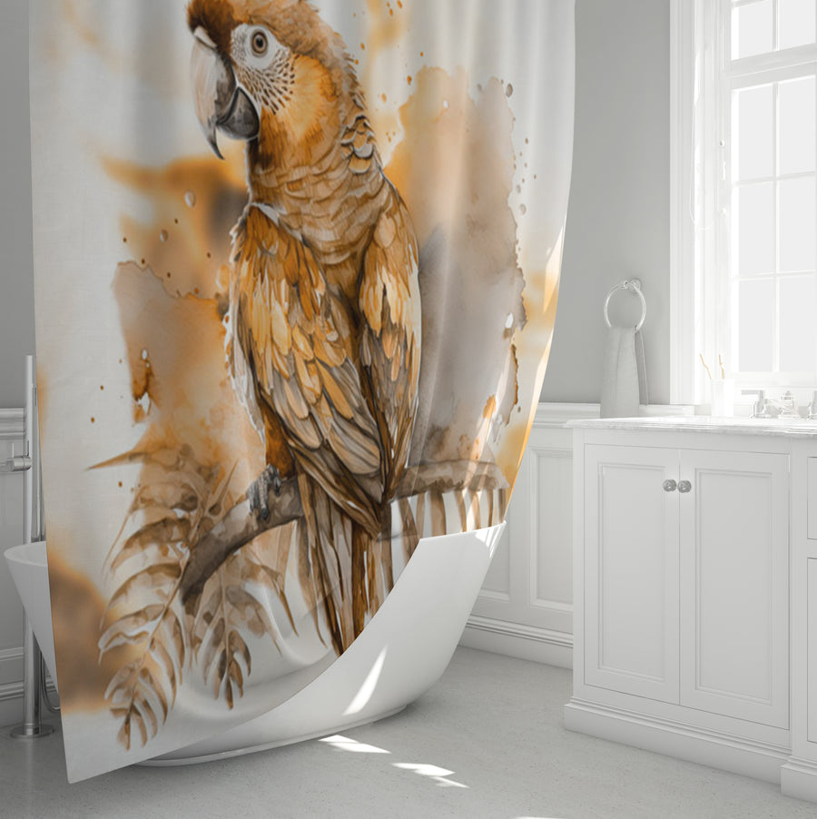 Brown Vintage Parrot Illustration Artwork Shower Curtain