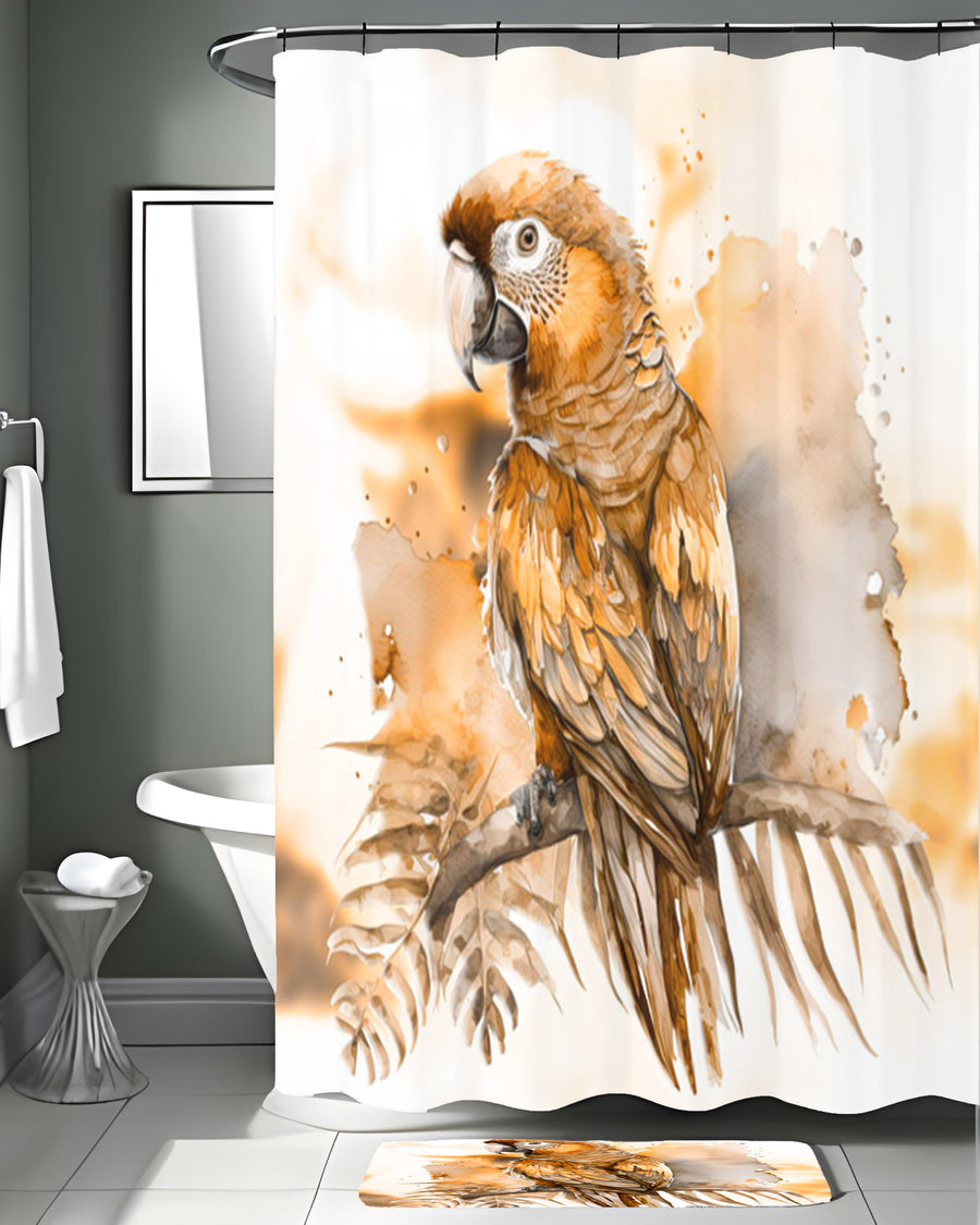 Brown Vintage Parrot Illustration Artwork Shower Curtain