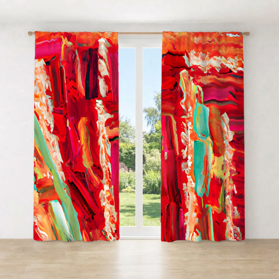 Red Abstract Expression Brushstroke Artwork Window Curtains