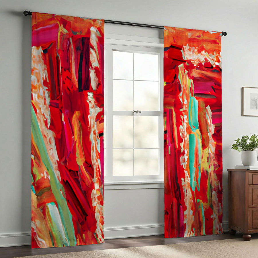 Red Abstract Expression Brushstroke Artwork Window Curtains