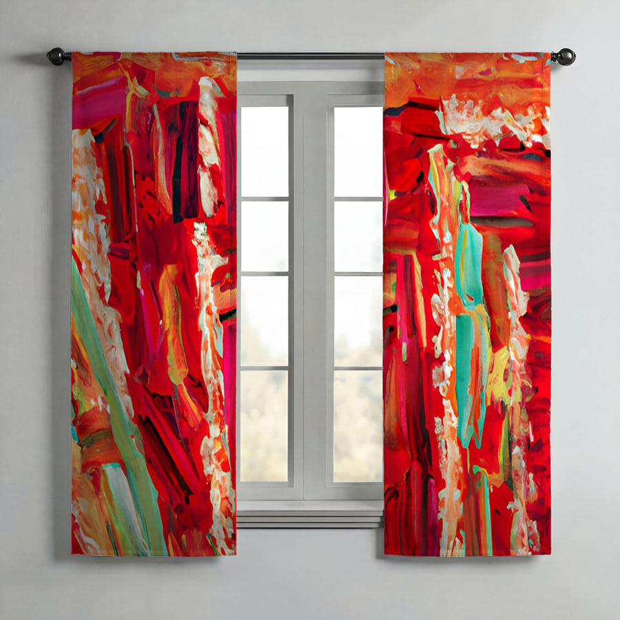 Red Abstract Expression Brushstroke Artwork Window Curtains