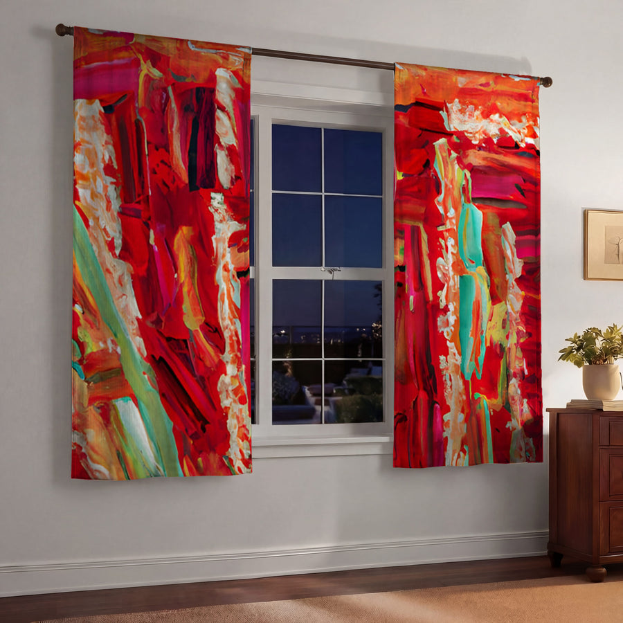 Red Abstract Expression Brushstroke Artwork Window Curtains