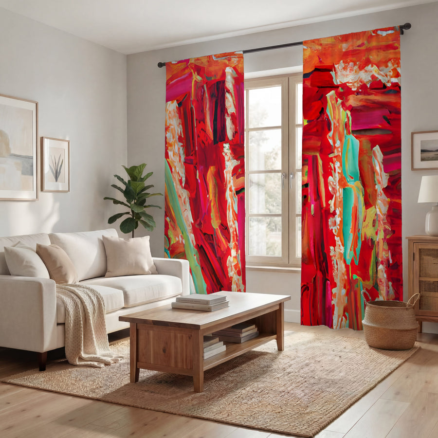 Red Abstract Expression Brushstroke Artwork Window Curtains