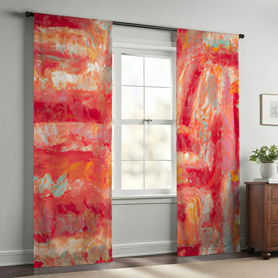 Red and Pink Abstract Paint Texture Pattern Window Curtains
